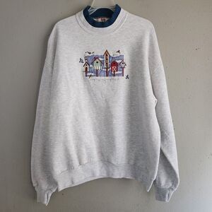 Vintage 90s Top Stitch Birdhouse Sweatshirt XL Made in USA Cottagecore Cozy Folk
